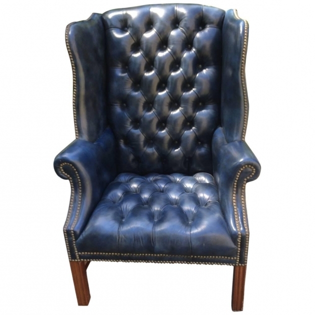 Navy Blue Leather Club Chair Tufted Wing Chair For Sale Image 57